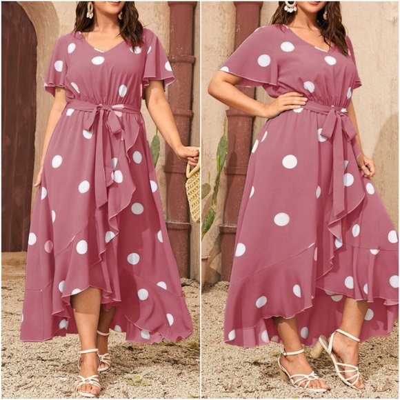 Plus Boho Sage Green Polka Dot Ruffle Maxi Dress - Picture 5 of 8